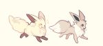  :3 closed_eyes creature cremis crossover eevee from_side highres mewrnn no_humans open_mouth pal_(creature) palworld pokemon pokemon_(creature) running simple_background yellow_background 