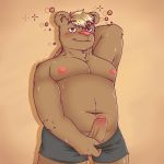  2018 absurd_res akki_cnmn anthro balls barazoku bear belly biceps big_belly big_breasts blush boxers_(clothing) breasts clothed clothing digital_media_(artwork) drunk erection fur hair hi_res huge_breasts humanoid humanoid_penis looking_at_viewer male male/male mammal moobs muscular muscular_male nipples nude overweight penis sex simple_background slightly_chubby smile solo standing thick_thighs topless underwear vein 