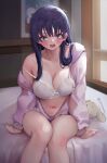  1girl bare_legs blue_hair boku_no_kokoro_no_yabai_yatsu bow bow_bra bra breasts brown_eyes cleavage collarbone dark_blue_hair dooogge indoors jacket lace lace_bra large_breasts long_hair long_sleeves looking_at_viewer navel on_bed open_clothes open_jacket open_mouth paid_reward_available pink_jacket single_bare_shoulder sitting solo strap_slip teeth underwear upper_teeth_only white_bra yamada_anna 