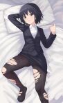  1girl amagami ass_visible_through_thighs bed_sheet black_eyes black_hair black_panties black_pantyhose black_skirt botan_m closed_mouth collared_shirt feet formal from_above highres long_sleeves looking_at_viewer lying miniskirt nanasaki_ai on_back panties pantyhose pencil_skirt pillow shirt short_hair skirt solo spread_legs suit thighs torn_clothes torn_pantyhose underwear white_shirt 
