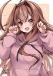  1girl absurdres ahoge blush brown_eyes brown_hair dated highres hood hooded_jacket huge_ahoge jacket kantai_collection kuma_(kancolle) long_hair long_sleeves mashiro_yukiya open_mouth pink_background pink_jacket signature smile solo upper_body white_background 