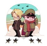  2boys aircraft airplane blonde_hair brown_eyes brown_footwear brown_jacket brown_necktie brown_vest collared_shirt dust furry furry_male glasses green_jacket green_pants grey_shirt gruppen_fuhrer hat highres jacket kotorai male_focus marumaru_no_shuyaku_wa_wareware_da! military_hat multiple_boys necktie pants pig_boy red_scarf scarf sharp_teeth shirt star_(symbol) teeth tonton_(marumaru_no_shuyaku_wa_wareware_da!) vest 