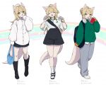  1girl :3 ahoge animal_ears backpack bag black_footwear black_shorts blonde_hair boots bracelet can closed_eyes dog_ears dog_tail fang fashion full_body furry furry_female grey_pants handbag headphones headphones_around_neck high-waist_shorts highres holding holding_can jewelry ko-on_(ningen_zoo) long_sleeves looking_at_viewer open_mouth original pants sandals shirt shoes shorts shoulder_bag sleeves_past_wrists smile socks solo standing sweatpants tail white_footwear yellow_eyes 