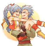  1boy 1girl black_gloves blue_eyes blue_hair braid breasts brother_and_sister camus_(dq11) carrying commentary_request crop_top cropped_vest dragon_quest dragon_quest_xi earrings fingerless_gloves gloves jewelry long_hair maya_(dq11) midriff navel open_mouth princess_carry red_shorts short_shorts shorts siblings single_braid small_breasts smile takana_x123 vest 