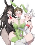  3girls :d ahoge animal_ears bare_shoulders black_leotard blush breasts brown_hair cleavage danganronpa_(series) danganronpa_2:_goodbye_despair fake_animal_ears fishnet_pantyhose fishnets genderswap genderswap_(mtf) green_leotard green_theme highres hinata_hajime hinata_hajime_(awakened) kamukura_izuru large_breasts leotard long_hair male_playboy_bunny momosun_(momoa136gg) multiple_girls necktie pantyhose rabbit_ears rabbit_tail red_eyes red_necktie short_hair short_necktie smile tail 