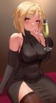 1girl absurdres alcohol alternate_costume black_dress black_gloves black_thighhighs blonde_hair blush breasts champagne champagne_flute cup dress drinking_glass elbow_gloves eyebrows_hidden_by_hair girls&#039;_frontline gloves highres holding holding_cup looking_at_viewer medium_breasts mp40_(girls&#039;_frontline) orange_eyes short_hair sitting sleeveless sleeveless_dress smile solo thighhighs toryu_fufu 