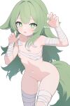  1girl absurdres animal_ears arm_wrap bags_under_eyes bandaged_neck bandages bare_shoulders blush breast_slip breasts chinese_commentary collarbone contrapposto fox_ears fox_tail green_eyes green_hair highres honkai:_star_rail honkai_(series) huohuo_(honkai:_star_rail) leg_wrap long_hair looking_at_viewer navel nipples open_mouth paw_pose skindentation small_breasts solo sweatdrop tail thighs yiheyulei 