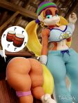 3:4 3d_(artwork) absurd_res anthro big_breasts big_butt blender_(software) blonde_hair blue_eyes bongo_drum breasts butt cleavage clothed clothing contemplating curvy_figure digital_media_(artwork) dixie_kong donkey_kong_(series) drum duo ear_piercing ear_ring feet female female/female fur hair haplorhine hat headgear headwear hi_res hoop_ear_ring huge_butt jiggling kong long_hair mammal monkey musical_instrument nintendo percussion_instrument piercing ponytail primate ring_piercing short_stack sibling_(lore) sister_(lore) sisters_(lore) tahlian thick_thighs tiny_kong voluptuous wide_hips