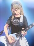  1girl blonde_hair blue_background braid chiharu_(9654784) closed_eyes crown_braid eiyuu_densetsu elaine_auclair electric_guitar english_text falcom french_braid guitar hair_between_eyes highres holding holding_instrument instrument kuro_no_kiseki music parted_bangs playing_instrument shirt short_sleeves sidelocks simple_background skirt smile solo t-shirt two-tone_background 