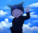  1boy animal_ear_headwear animal_ears beanie belt belt_buckle black_belt black_headwear black_jacket black_shirt black_sleeves blue_shirt blue_sky brown_hair buckle cat_ears cigarette closed_eyes cloud collared_jacket commentary_request danganronpa_(series) danganronpa_v3:_killing_harmony day fake_animal_ears hand_in_pocket hand_up hat holding holding_cigarette hoshi_ryoma jacket kogarashi_8 layered_sleeves leather leather_jacket light_blush long_sleeves male_focus mouth_hold open_mouth outdoors partial_commentary prison_clothes shirt short_hair sky smile solo striped_clothes striped_shirt studded_belt teeth two-tone_shirt upper_body upper_teeth_only very_short_hair waving zipper zipper_pull_tab 