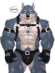 abs anthro arm_tuft armband barbell_piercing beard belt biceps black_claws black_clothing black_jockstrap black_underwear blue_body blue_eyes blue_fur blue_hair bulge canid canine canis chest_tuft claws clothing deltoids dialogue elbow_tuft eyebrow_piercing eyebrow_stud facial_hair facial_piercing finger_claws fingerless_gloves fur gloves gold_(metal) hair handwear harness hi_res hip_scar jockstrap leather leather_clothing leather_underwear leg_scar looking_at_viewer male mammal meocondainhan muscular muscular_anthro muscular_male muscular_thighs navel nipples notched_eyebrow pecs piercing pubes scar shoulder_scar simple_background solo speech_bubble tuft underwear vein veiny_muscles viktor_(storiaxion) white_background wolf woof_(sound_effect)
