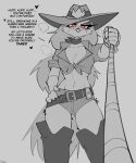 &lt;3 anthro avian beak belt bird bodily_fluids boots bottomwear breasts cleavage clothed clothing condom_wrapper cowboy cowboy_boots cowboy_hat cowboy_outfit demidoggo dialogue dominant dominant_female female first_person_view footwear hand_on_hip hat headgear headwear helluva_boss hi_res hotpants lasso leash leashed_pov looking_at_viewer mature_female midriff owl owl_demon red_eyes shirt shorts smile solo stella_(helluva_boss) sweat tied_shirt topwear