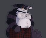 anthro belly biceps blush body_hair chest_hair clothed clothing cute_fangs fur happy_trail hi_res male musclegut navel newtmoss pajama_pants pecs purple_body purple_fur scar sega smalls_the_cat solo sonic_the_hedgehog_(comics) sonic_the_hedgehog_(series) striped_body striped_fur stripes tired topless