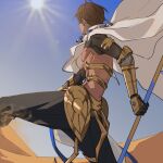  1boy absurdres ahoge black_pants cape dabin dangle_earrings dark-skinned_male dark_skin desert earrings fate/grand_order fate_(series) from_below from_side gauntlets highres holding holding_staff jewelry ozymandias_(fate) pants pectorals sand short_hair solo staff sun underpec white_cape 