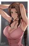 1girl adjusting_hair aerith_gainsborough armpit_crease armpits arms_behind_head arms_up bolo_tie braid braided_ponytail breasts cleavage dress final_fantasy final_fantasy_vii highres light_blush looking_at_viewer outside_border pink_dress pink_ribbon ribbon sgk solo sweat upper_body 