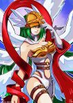  alternate_costume angel_wings angewomon angewomon_(cosplay) bare_legs bare_shoulders belt blue_background breasts choker cleavage cosplay crossover digimon fusion gloves green_eyes green_hair helmet highres kid_icarus long_hair looking_at_viewer midriff nintendo palutena possessed red_ribbon red_sash ribbon sash spirit spirit_(super_smash_bros.) stoic_seraphim super_smash_bros. thighs wings 