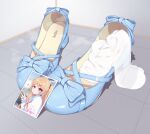  absurdres artist_name blonde_hair blue_footwear blush commentary_request floor high_heels highres long_hair mary_janes original pantyhose photo_(object) red_eyes school_uniform serafuku shoes signature smell smile socks twintails v white_pantyhose yao_(pixiv9482697) 