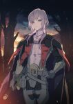  1boy androgynous armor belt belt_buckle black_cape buckle cape cowboy_shot fire fire_emblem fire_emblem:_three_houses gloves grey_armor grey_belt grey_gloves hand_on_own_hip highres holding holding_sword holding_weapon leather_armor long_hair long_sleeves looking_at_viewer male_focus mami_(apsaras) night parted_lips purple_eyes purple_hair shirt solo standing sword tree vambraces weapon white_shirt wispy_bangs yuri_leclerc 