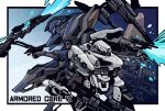  armored_core armored_core_6 blue_background copyright_name cowboy_shot energy_sword fighting_stance gun highres holding holding_gun holding_weapon kuroihato loader_4 mecha mecha_focus no_humans reverse-jointed_legs rifle robot science_fiction spacecraft standing steel_haze sword twitter_username weapon weapon_on_back 