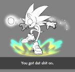  1boy animal_ears animal_nose closed_mouth commentary english_commentary english_text floating full_body furry furry_male gloves glowing grey_background highres justindiecisive male_focus shoes simple_background solo sonic_(series) sonic_adventure sonic_the_hedgehog subtitled tail 