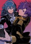  1boy 1girl blue_eyes blue_hair breasts byleth_(female)_(fire_emblem) byleth_(fire_emblem) dancing fire_emblem fire_emblem:_three_houses fire_emblem_warriors:_three_hopes garreg_mach_monastery_uniform gloves hair_over_one_eye highres holding holding_hands long_hair long_sleeves medium_hair nzmnnkk open_mouth purple_eyes purple_hair shez_(fire_emblem) shez_(male)_(fire_emblem) short_hair simple_background uniform 