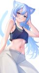  1girl absurdres animal_ear_fluff animal_ears aoi_zerii bare_shoulders blue_eyes blue_hair blush breasts cat_ears cat_girl cat_tail cleavage crop_top fang hair_between_eyes highres hololive hoshimachi_suisei long_hair looking_at_viewer midriff navel smile solo star_(symbol) star_in_eye symbol_in_eye tail virtual_youtuber 