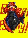  black_bodysuit black_gloves blue_bow bodysuit bow cape gloves hands_up highres jumping red_cape red_eyes red_hair rock_&#039;n&#039;_rock_&#039;n&#039;_beat sekibanki text_background touhou yellow_background yudofu33 