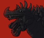 anguirus body_horror bone carapace clothing costume facial_horn feral godzilla_(series) horn horror_(theme) human kaiju male mammal monster mr_dinobutt nasal_horn nose_horn red_background sharp_teeth simple_background skull solo spikes spikes_(anatomy) split_jaw suit teeth the_man_in_the_suit_(series) toho