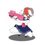 alpha_channel anonymous_artist anthro bottomwear bovid caprine clothed clothing crouching fur gingerdaniel goat gun hair hair_over_eye hi_res holding_gun holding_object holding_weapon hooves horn male mammal one_eye_obstructed orange_hair p90 ranged_weapon school_uniform simple_background skirt solo submachine_gun transparent_background uniform weapon white_body white_fur