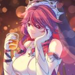  1girl bare_shoulders breasts commentary_request cup drinking_glass elbow_gloves genshin_impact gloves habit hands_up holding holding_cup large_breasts long_hair maron_star purple_hair red_eyes rosaria_(genshin_impact) shirt solo upper_body white_gloves white_shirt 