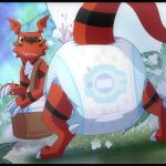 bandai_namco big_diaper claws clothed clothing diaper diaper_bag diaper_only digimon digimon_(species) feral guilmon hi_res jupiters looking_at_viewer looking_back male open_mouth rear_view smile solo topless underwear