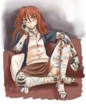  bandages blush brown_hair character_request chin_rest cyborg flat_chest frown latin:_takahata_enaga_tanpenshuu long_hair robot_joints sao_satoru sitting sketch skirt solo vest yellow_eyes 