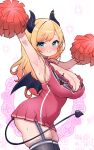  1girl alternate_costume armpits arms_up black_thighhighs blonde_hair blue_eyes blush breasts cheerleader cleavage commentary covered_navel cowboy_shot demon_girl demon_horns demon_tail demon_wings from_side garter_straps highres hololive horns kani_bonara lace-trimmed_thighhighs large_breasts long_hair looking_at_viewer pointy_ears pom_pom_(cheerleading) skindentation smile solo swept_bangs symbol-only_commentary tail thighhighs virtual_youtuber white_background wings yuzuki_choco zettai_ryouiki 