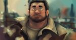  !? 1boy absurdres bara beard_stubble blurry blurry_background coat facial_hair highres koto_(32456033) looking_at_viewer male_focus mature_male mustache_stubble original plump portrait sanpaku short_hair solo straight_hair stubble surprised thick_neck wide-eyed wind 