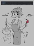 anthro apron avian beak bird clothed clothing cooking cooking_pot demidoggo female food fruit greyscale hi_res hot_pepper kitchen_utensils ladle looking_at_viewer monochrome pepper_(fruit) plant shirt smile solo tools topwear