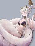  1girl a1ya459 absurdres breasts cleavage echidna_(granblue_fantasy) granblue_fantasy grey_background grey_eyes grey_hair highres lamia long_hair monster_girl navel simple_background smile solo 