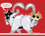 2024 anthro balls big_balls big_butt black_body black_fur blue_eyes bubble_butt butt butt_slap butt_smack dialogue domestic_cat duo english_text felid feline felis fur genitals hi_res huge_butt jiggling_butt looking_at_viewer male male/male mammal metrothefox multicolored_body presenting scratch_(monkey_wrench) scritch_(monkey_wrench) simple_background slap slightly_chubby slightly_chubby_anthro slightly_chubby_male space_helmet spacesuit tail text two_tone_body white_body white_fur