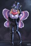 2024 4_arms aliaspseudonym anthro areola arthropod biped blonde_hair bodily_fluids bodysuit breasts clothed clothing female front_view gas_mask hair hi_res holding_object insect insect_wings latex latex_clothing lepidopteran long_hair mask moth multi_arm multi_limb neck_tuft nipples non-mammal_breasts open_mouth partially_clothed sharp_teeth simple_background skinsuit solo standing sweat teeth tight_clothing tongue tuft undressing white_body wings