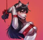 absurd_res anthro arms_tied big_breasts black_hair bound breasts brown_eyes chest_tuft felid feline felis female fur furlana gloves_(marking) hair hi_res mammal markings simple_background solo tuft white_body white_fur