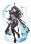  1girl belt breasts brown_eyes brown_hair coat dragon_raja dual_wielding highres holding holding_sword holding_weapon large_breasts long_coat long_hair looking_at_viewer official_art open_clothes open_coat pants pointy_ears solo sword tight_clothes tight_pants weapon zerocat 