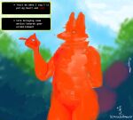 anthro armedantagonist balloon_animal dialogue giman.l.latter_(armedantagonist) glistening glistening_body hi_res humanoid looking_down male orange_body slightly_chubby solo thick_thighs
