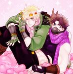  blonde_hair blue_eyes brown_hair caesar_anthonio_zeppeli facial_mark feathers fingerless_gloves gloves green_eyes green_jacket hair_feathers headband heart highres jacket jojo_no_kimyou_na_bouken joseph_joestar_(young) mask medemoisellecu midriff multiple_boys scarf 