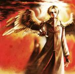  1boy angel_wings archangel_(baroque) baroque_(series) blonde_hair fingerless_gloves gloves long_sleeves looking_at_viewer male_focus orange_sky outdoors reaching reaching_towards_viewer red_eyes red_gloves robe short_hair shoulder_pads sky solo white_robe white_wings wings yumeno_sanagi_(pupanimus) 