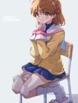 1girl akayama_yukihe between_legs blazer blue_skirt blush brown_eyes brown_hair character_name clannad commentary_request cup_ramen eyes_visible_through_hair full_body furukawa_nagisa grey_background hair_between_eyes hair_ornament hairclip head_out_of_frame highres interlocked_fingers jacket kneehighs looking_at_viewer miniskirt on_chair open_mouth own_hands_together pleated_skirt sailor_collar shoes sidelighting simple_background sitting skirt sleeves_past_wrists socks solo thighs unworn_shoes white_footwear white_sailor_collar white_socks yellow_jacket 