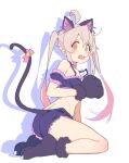  1girl @_@ ahoge animal_ear_fluff animal_ears animal_hands ass bare_legs bare_shoulders bell black_bra black_panties blush bow bra cat_ears cat_tail commentary frilled_bra frilled_panties frills from_side full_body gloves hair_between_eyes highres jingle_bell long_hair looking_at_viewer noyama_takenoko onii-chan_wa_oshimai! oyama_mahiro panties paw_gloves paw_shoes pink_bow pink_hair simple_background sitting solo sweatdrop tail tail_bell tail_bow tail_ornament underwear wavy_mouth white_background yellow_eyes 