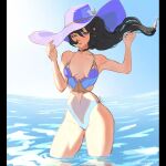  1girl alternate_costume bikini black_hair breasts choker hat long_hair mona_(genshin_impact) ocean roseghart swimsuit thick_thighs thighs 