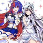  2girls alear_(female)_(fire_emblem) alear_(fire_emblem) anniversary black_choker blue_eyes blue_hair braid choker crossed_bangs crown_braid dated feather_dress feather_hair_ornament feathers fire_emblem fire_emblem_engage hair_ornament heterochromia highres multicolored_hair multiple_girls petite red_eyes red_hair shinae siblings sisters split-color_hair tiara two-tone_hair veyle_(fire_emblem) wavy_hair wing_hair_ornament 