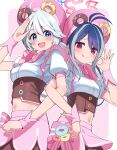  2girls antenna_hair blue_archive blue_eyes blue_hair blush braid closed_mouth fubuki_(blue_archive) grey_hair hat kirino_(blue_archive) long_hair looking_at_viewer multicolored_hair multiple_girls navel official_alternate_costume open_mouth pink_headwear pink_skirt puffy_short_sleeves puffy_sleeves red_eyes shirt short_sleeves skirt smile tongue tongue_out twin_braids twintails ushimittsu white_shirt 