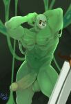  1boy abs bald bara black_sclera colored_sclera colttheorc_(orcguy2) completely_nude feet_out_of_frame foreskin girthy_penis head_tilt highres large_hands large_pectorals large_penis large_testicles looking_at_viewer male_focus monster_boy muscular muscular_male navel nipples nude orc original outstretched_arms pectorals penis pointy_ears precum precum_string skull slime_boy solo stomach testicles thick_thighs thighs tusks uncensored 