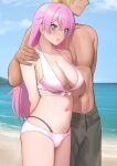  1boy 1girl :d absurdres bare_arms bare_shoulders bikini blush brown_male_swimwear closed_mouth collarbone commission cowboy_shot fuufu_ijou_koibito_miman. hair_between_eyes highres long_hair male_swimwear navel ocean oxxo_(dlengur) pink_hair pixiv_commission short_hair smile stomach swimsuit watanabe_akari white_bikini 